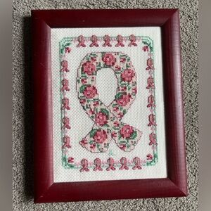 Breast Cancer Awareness Ribbon Framed Homemade Needlepoint Wall Decor